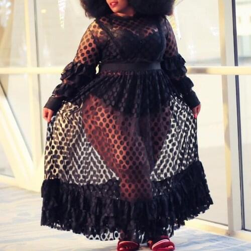 Plus Size Party Sexy Club African Black Summer Women Long Dresses Casual Lace Short Sleeve Mesh High Split Female Dress 4XL