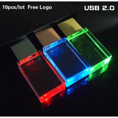 Promotional Gift 10pcs/lot Crystal USB2.0 Free Logo Usb Flash Drive 4gb 8g Pendrive with LED Light 32gb 64gb Memory Stick U Disk
