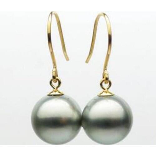 Free shipping>>>>noble jewelry Luminous 10.-10.5mm Natural Color Real Tahitian Pearl Drop Earrings 14K Yellow Gold