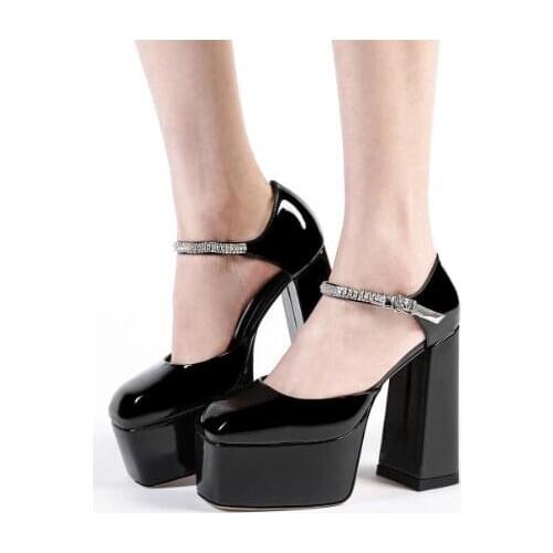 Summer Black Nude Patent Leather Crystal Diamond 13 cm Chunky Heels Pumps Woman Shallow 5 cm Platform Bling Buckle Pumps Shoes