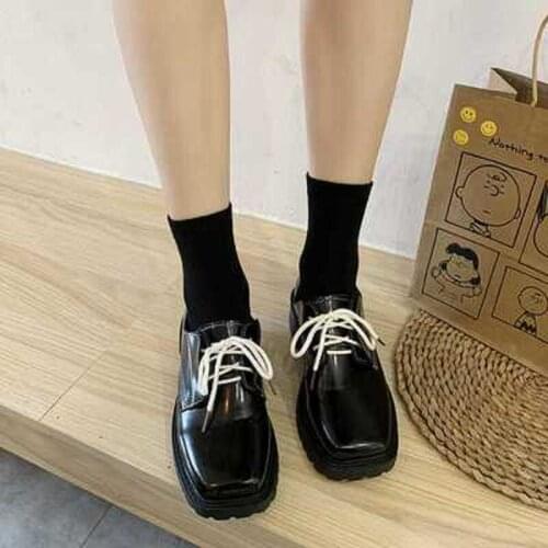 2021 Spring British Style Square Toe Lace-Up Small Leather Shoes Trendy Fashion Casual Single Shoes Ladies High Heels