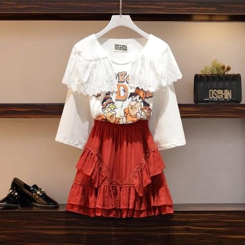 Cyanlee Summer Women Two Piece Set Casual V-neck Lace Cartoon Half Sleeve Top + Skirt Ruffles Mini Solid Fashion 2 Pcs Set 6XL