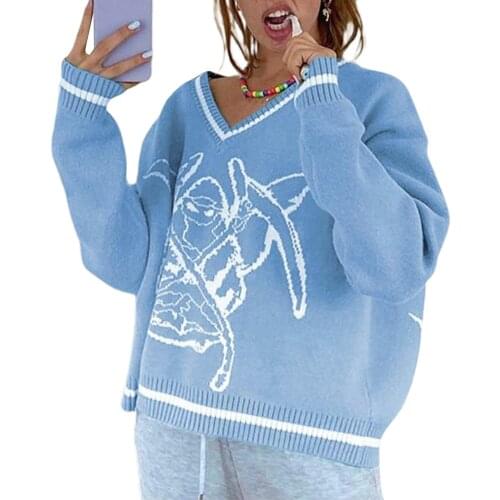 2021 Women Loose Knit Sweater 90s Girl Cartoon Pattern Long Sleeve V-neck Pullover Top Autumn Jumpers Cable Sweaters Knittedwear