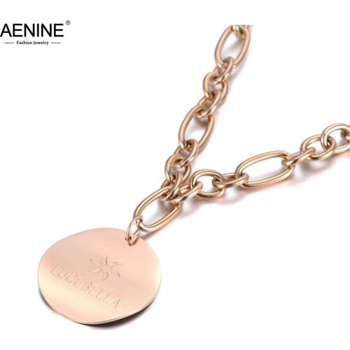 AENINE Punk Stainless Steel Tag Charm Pendant Necklaces Jewelry Rose Gold Choker Big Thick Chain Necklace For Women Girl AN19084