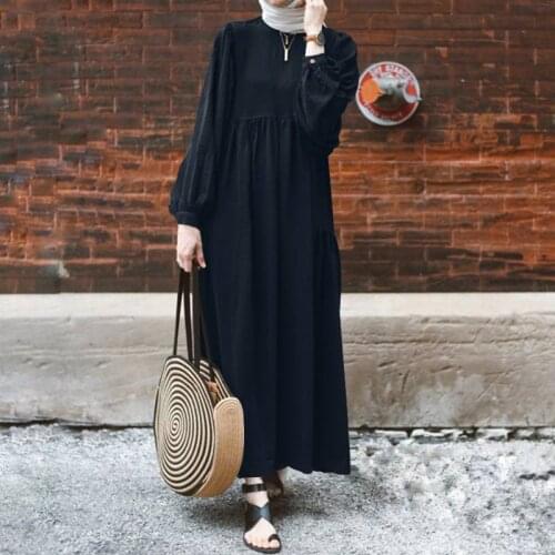 Retro Women Long Puff Sleeve Abaya Turkey Hijab Muslim Dress ZANZEA Casual Solid Islamic Clothing Dubai Sundress Robe Dress 5XL