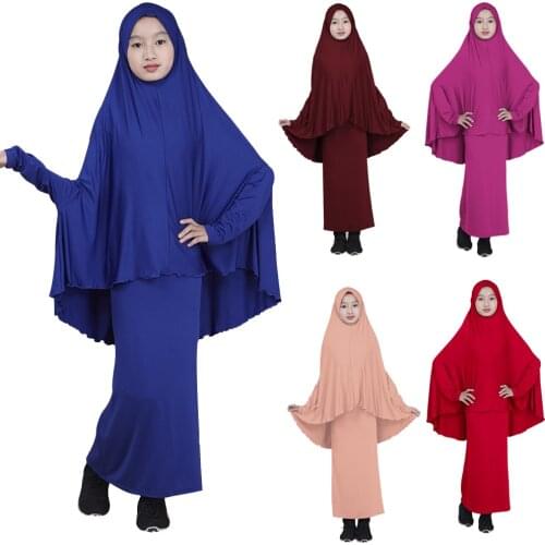 2pcs Muslim Kids Dresses Girls Children Abaya Dubai Malaysia Hijab Jilbab Kaftan Bangladesh Turkey Saudi Arabia Full Cover Islam