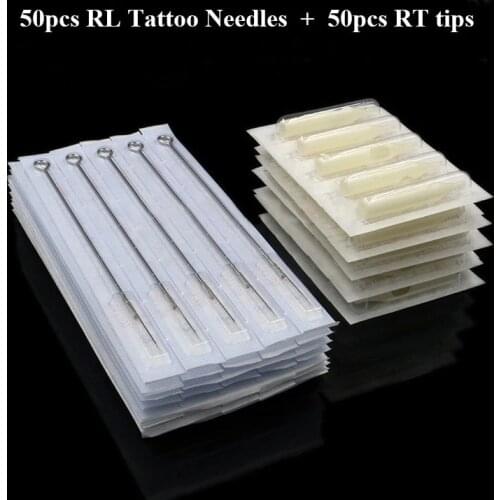 50 Pcs 3RL 5RL 7RL 9RL 11RL Size Tattoo Needles + 50pcs 3/5/7/9/11RT Size White Disposable Tattoo Tips Tattoo Kit Free Shipping