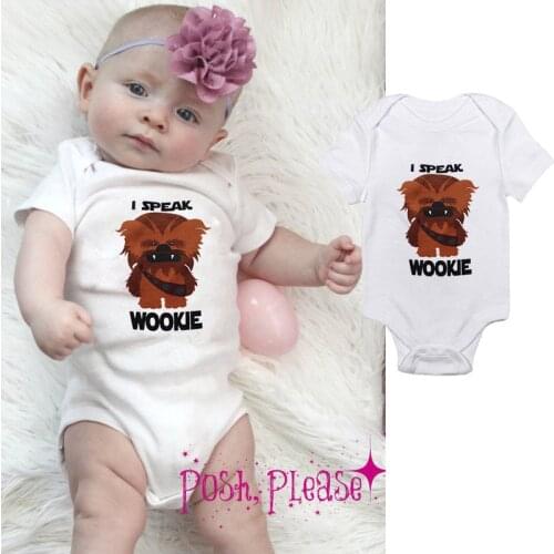 DERMSPE 2019 Summer Newborn Baby Boys Girls Short Sleeve Letter I Speak Wookie Monster Romper Jumpsuit Baby Clothes White