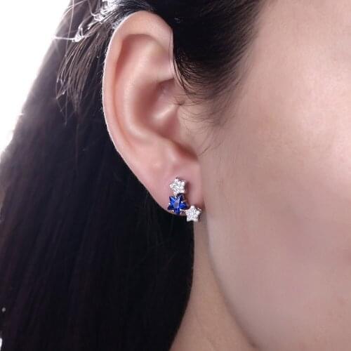 DOUBLE-R Tripe Star Earrings For Girls Real 925 Sterling Silver Stud Earring With Created Sapphire Gemstone Jewelry
