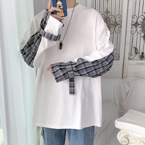 Fake Two Spliced Long Sleeve Men Tshirts Autumn Summer Fashion Branded Hip Hop Plaid Print Oversized Clothing Twice Black White