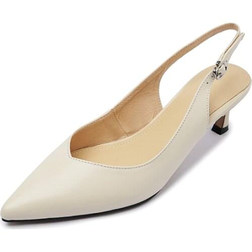 GUIDIBASI2021 Spring Mid-Heel Stiletto Pointed Shallow Mouth Womens Shoes Baotou Genuine Cow Leather Summer Sandals Handmade