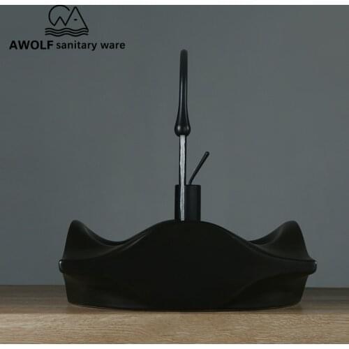 Art Bathroom Sinks Matte Black Ceramic Vessel Wave Design Handmade Washing Basin Bowl Above Counter Modern Lavatary Sink AM904
