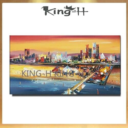 Knife painting of heavy oil city building landscape bridge construction hand-painted oil painting decorative wall hotel office s
