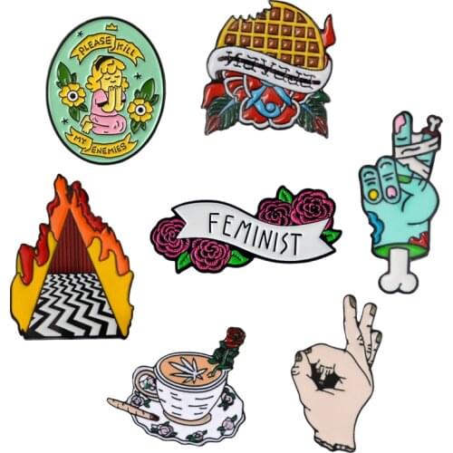 Creative Lapel Metal Pins Biscuits Feminist Gesture Coffee Flower Flame Brooches Badges Clothes Pins Jewelry Gifts For Friends