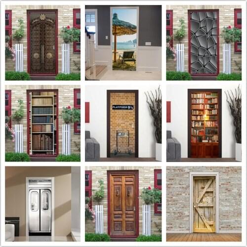 London Platform Library Bookshelf Door Sticker Wallpaper For Doors Waterproof 3D DIY Decor Self-adhesive Decal Living Room Mural