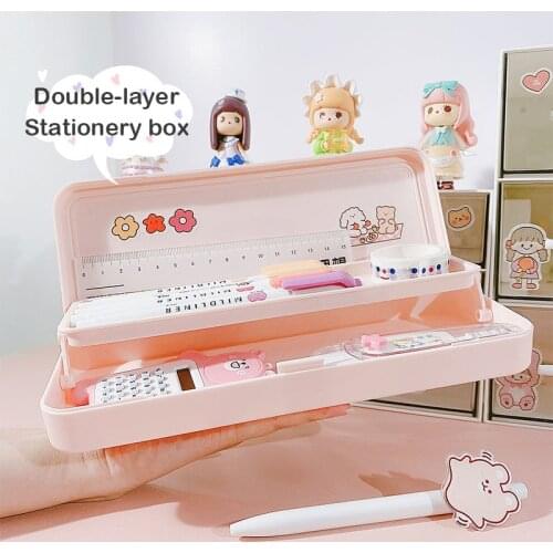 Cute Cartoon Double-layer Stationery Box Plastic Box Primary School girl Children Pencil Box Storage Box School Office Supplie