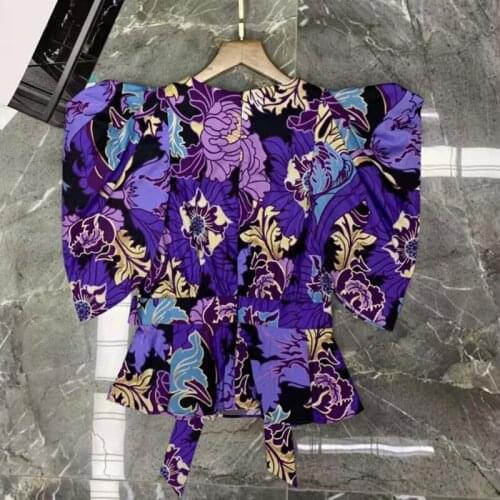 Fashion Women Summer Sexy 2021 Short Butterfly Sleeve V-Neck Slim Ruffles Flower Print Holiday Party Blouse