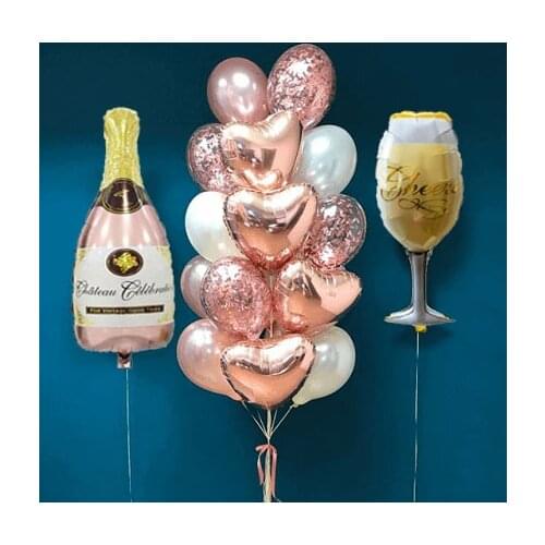 18pcs/set Rose Gold Confetti Latex Balloon Set Champaign Bottle Cup Foil Balloon For Wedding Decorations Birthday Party Supplies