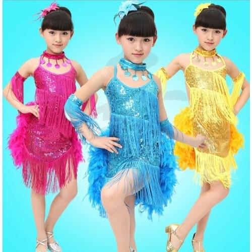 New 2017 Children Kids Sequin Feather Fringe Stage Performance Competition Ballroom Dance Costume Latin Dance Dress For Girls