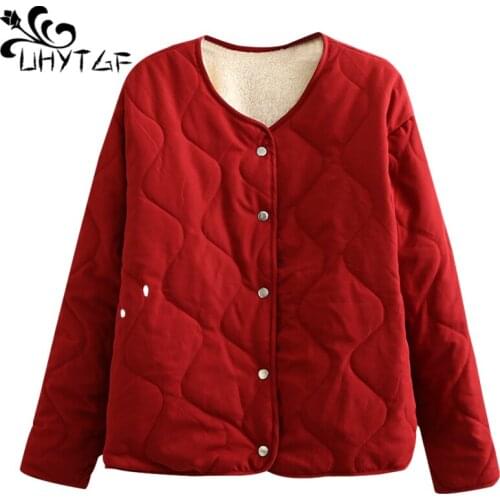 UHYTGF Autumn Winter Cotton Coat Women Fashion Wear On Both Sides Plus Velvet Short Jacket Parker Female 4XL Large Size Top 1464