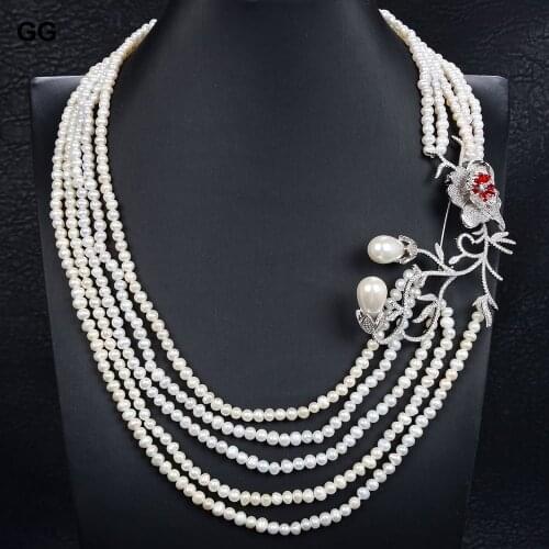 GuaiGuai Jewelry 23'' 5 Strands Cultured White Pearl Necklace Red Cz Pave Flower Pendant