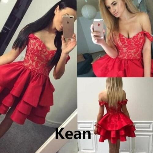 Red Homecoming Dresses v-neck Off the Shoulder Tiered Illusion A-Line Above Knee, mini vetidos Elegant Cocktail Dresses