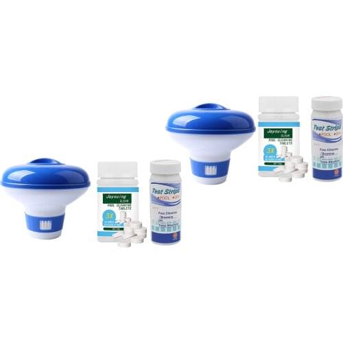 Pool Floating Chemical Chlorine Dispenser Kit SPA w/ Cleaning Tablets and Test Strips Disinfection Improve Water Sanitation