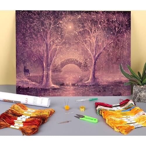 Natural Scenery Winter Magic Printed Fabric 11CT Cross-Stitch Set Embroidery DMC Threads Needlework Painting Knitting