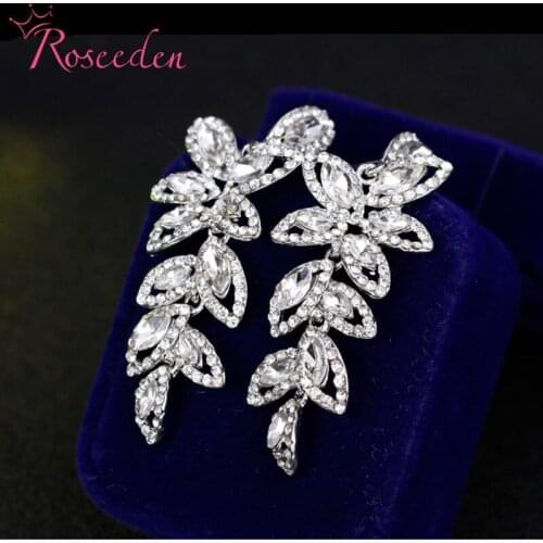 Evening Dinner Part Petals-shape Wedding Earrings Jewelry Fashion Long Crystal Big Drop Dangle Earrings For Brides RE3131