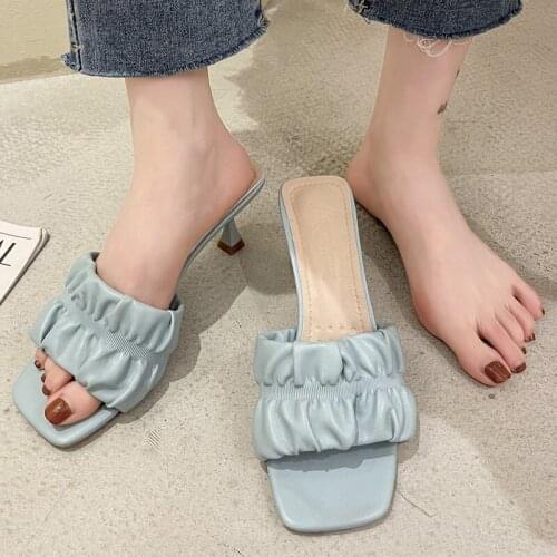 Women Summer New Pleated High Heels Female Thin Heels Sandals Slippers Ladies Luxury Party Soft Bottom Slides