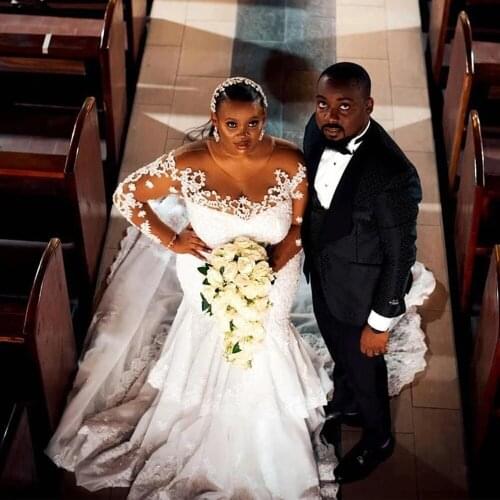 African Black Girl Mermaid Wedding Dress Coffee Tulle Skin Full Sleeves White Appliques Bride Marriage Bridal Gowns 2022