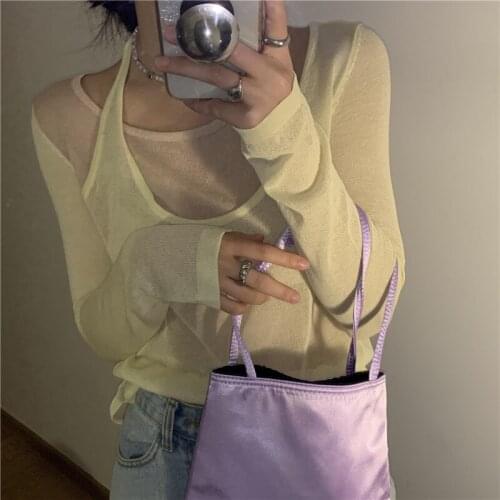 Tops Design Sense Fake Two-piece Halter Neck Long-sleeved Shirt Female Summer New Style Korean Loose Sunscreen Shirt T-shirt