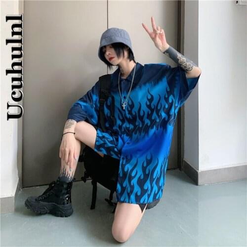 Ucuhulnl Harajuku Streetwear Women Summer Single Breasted Shirt Oversized Flame Printing Loose Shirt2021
