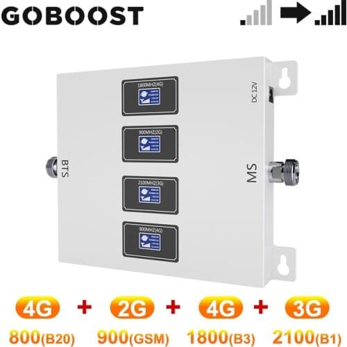 GOBOOST GSM 2g 3g 4g Cellular Amplifier Four Band Signal Booster LTE 800 GSM 900 DCS 1800 UMTS 2100 MHz Repeater (B20+GSM+B3+B1)
