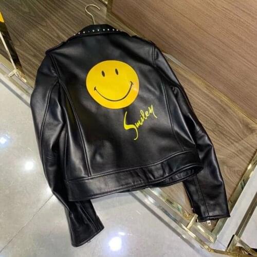 Spring Coat Women Short Length 2021 Fashion New Zealand Import Genuine Leather Jacket Smiling Face Pattern Rivet Decoration