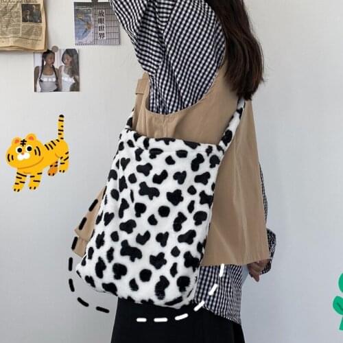 Women Cow pattern Shoulder Bag Plush Soft Fluffy Female Totes Handbag Girl Travel Bag