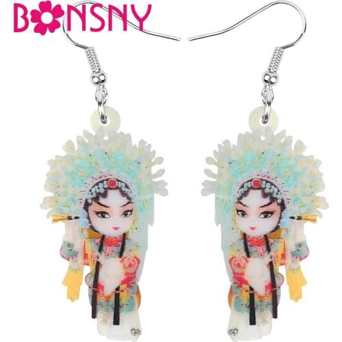 Bonsny Acrylic Chinese Beijing Opera Earrings Realistic Long Cute Dangle Drop Jewelry For Women Kid Friend Charm Gift Decoration