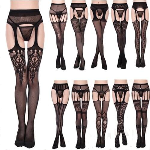 Womens Sexy Suspenders Open Crotch High Waisted Net Crotchless Pantyhose Garter Seamless Fishnet Panty Plus Size Tights