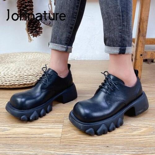 Johnature Square Toe Pumps Women Shoes Genuine Leather 2021 New Autumn Retro Lace-Up Handmade Leisure Platform Ladeis Shoes