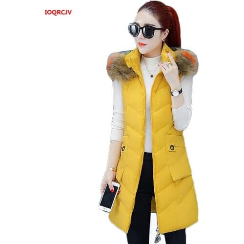 Winter Jacket Women Vest Slim Fur Collar Hooded Long Sleeveless Coat Women Parkas 2019 Thicken Warm Cotton Down Vest Mujer W1215