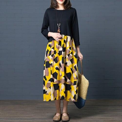 2021 New Arrival Long Sleeve Autumn Dress Print Floral Patchwork Loose Office Lady OL Work Dress Wofmen Spring Casual Long Dress