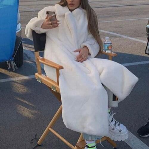 Winter Long White Fluffy Warm Oversized Faux Fur Coat Women with Hood Lapel Sashes Loose Korean Fashion 2021 Streetwear Outfits