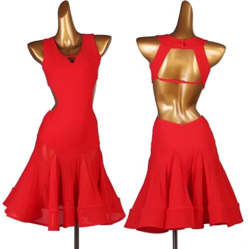Latin Dance Clothing Women Girls Red Dress Sexy Back Sleeveless Dress Club Salsa Dance Skirt Perform Costume Practice Dress 1485