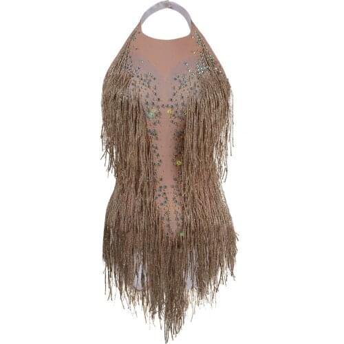 Gold Tassel Jumpsuits Hollow Out Women Latin Dance Sexy Show Stage Costume Nightclub DJ Outfits Party Prom Rompers