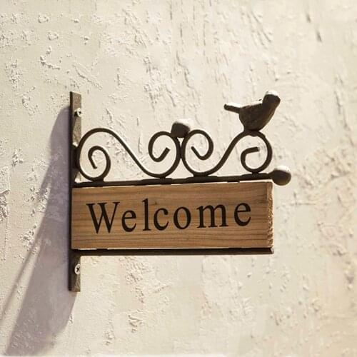1pc Welcome Sign Board Iron Art Wooden Hanging Pendant Rural Style Bird Pattern Door Hanging Decoration