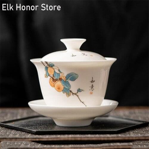 180ML Dehua White China Gaiwan Persimmon Porcelain Tureen With Cup Saucer Coaster Covered Bowl With Lid Handpainted Cup Bowls