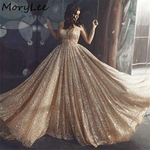Gold Evening Dresses Shining Spaghetti A-Line Floor Length Sequins Evening Dresses Zipper Back vestidos de fiesta de noche