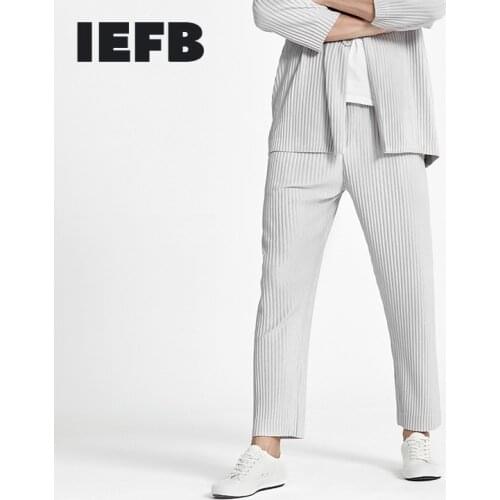 IEFB Mens Japanese Streetwear Fashion Pleated Pants 2021 Summer New Folded Wide Leg Loose Big Size Casual Trousers 9Y6250