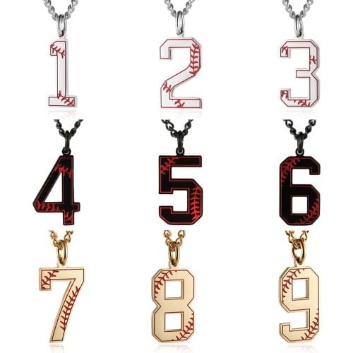 HZMAN Baseball Initial Pendant Necklace Inspiration Baseball Jersey Number 0-9 Charms Stainless Steel Necklace Gold Silver Black