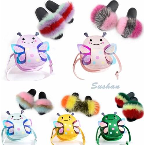 Childrens Fox Fur Slippers Girls Fluffy Sandals Kids Furry Slides Baby House Shoes Non-Slip Flip Flops Cute Shoulder Bags Sets